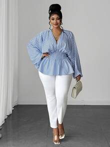 Maweii Plus Size Blue Striped Deep V-Neck Petal Sleeve Cinched Waist Ruffle Hem Casual Fashion Blouse Fall - Blue - View 3