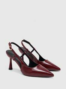 CUCCOO BIZCHIC 女款尖頭細高跟鞋 酒紅色 時尚基礎款 日常百搭 通勤女鞋 後跟加高 露跟slingback高跟鞋 - 復古紅色 - 查看 6