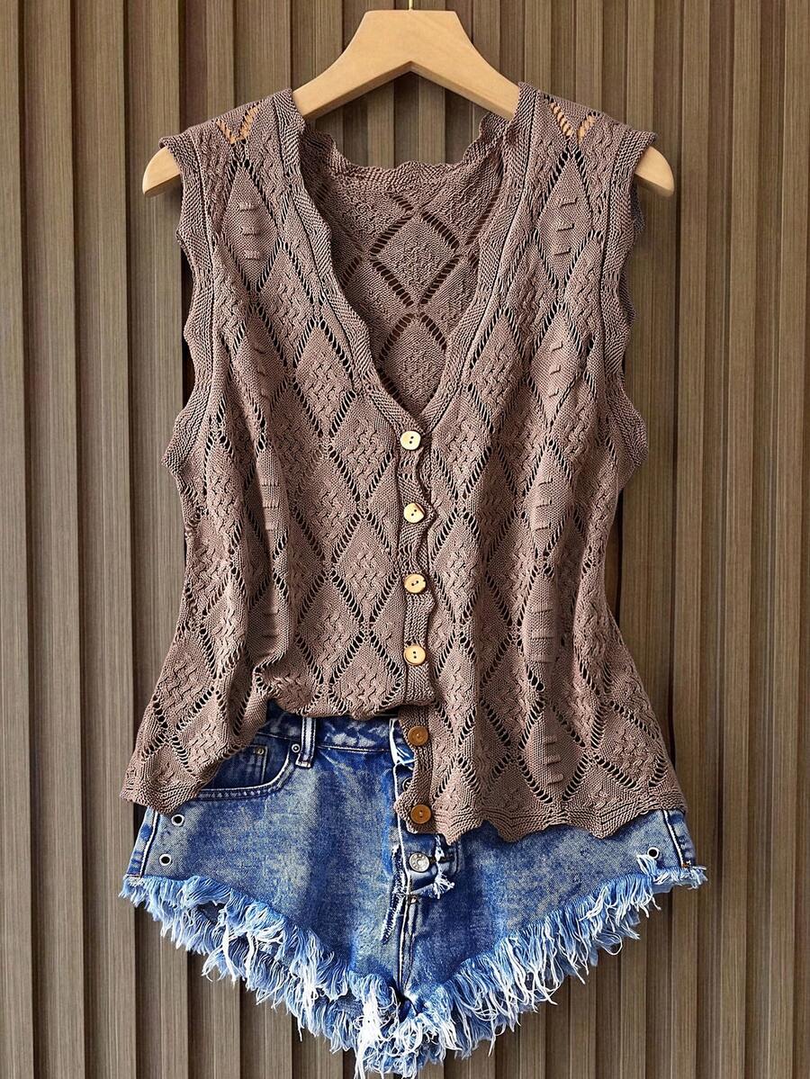 Linhara Rompi Rajut Kasual Serbaguna untuk Pemakaian Sehari-hari, Warna Polos, Kancing Tunggal, Ukuran Plus - Coffee Brown - View 1
