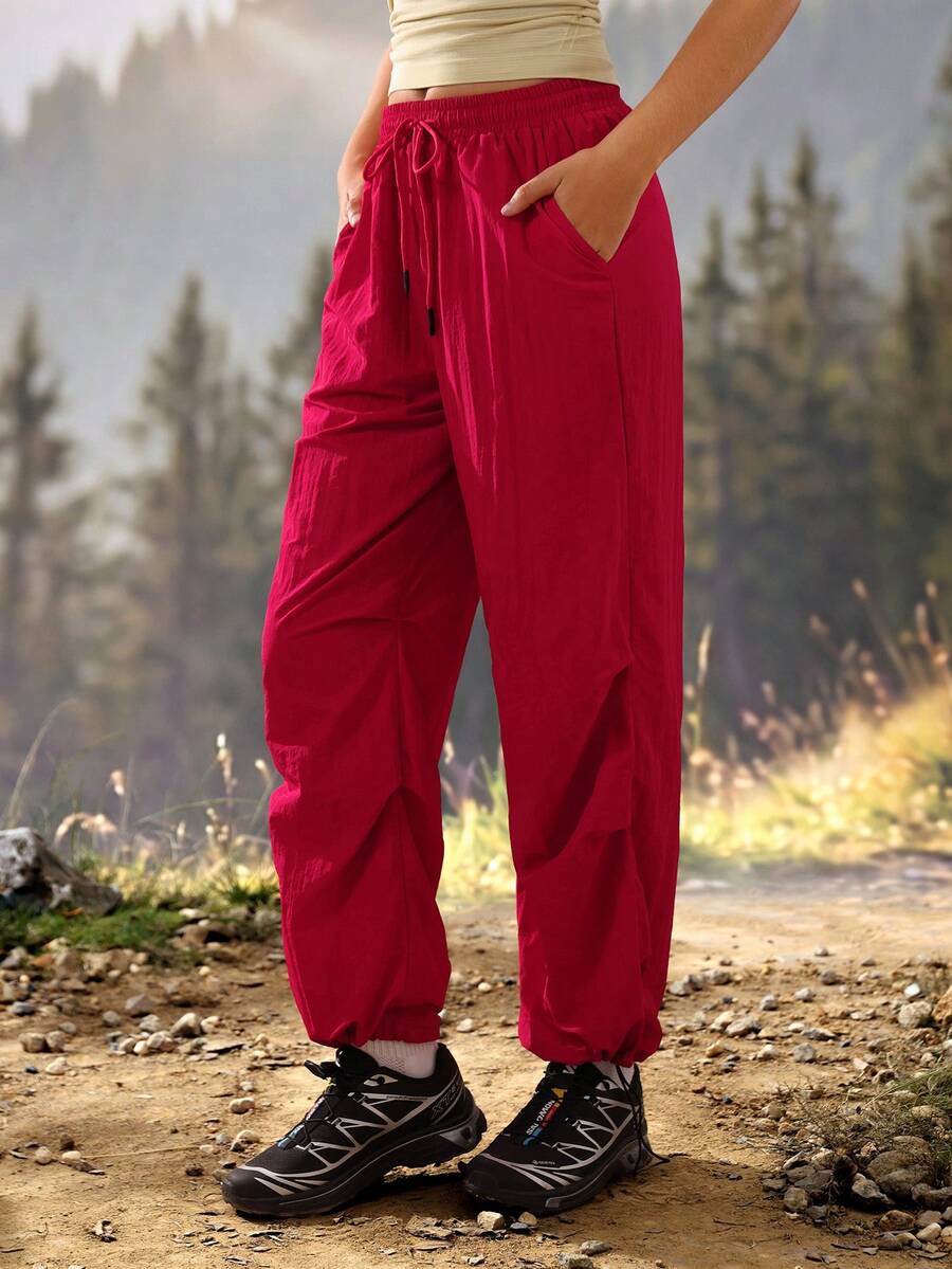 Exploreva Exploreva Women's Drawstring Waist Cuffed Outdoor Long Pants - Red - View 1