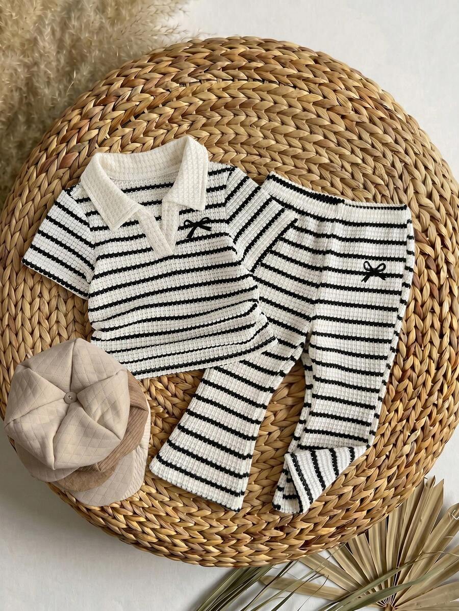 SHEIN LMoss Kids 女婴条纹Polo衫+喇叭裤两件套,休闲蝴蝶结印花套装 - 黑與白 - 查看 1