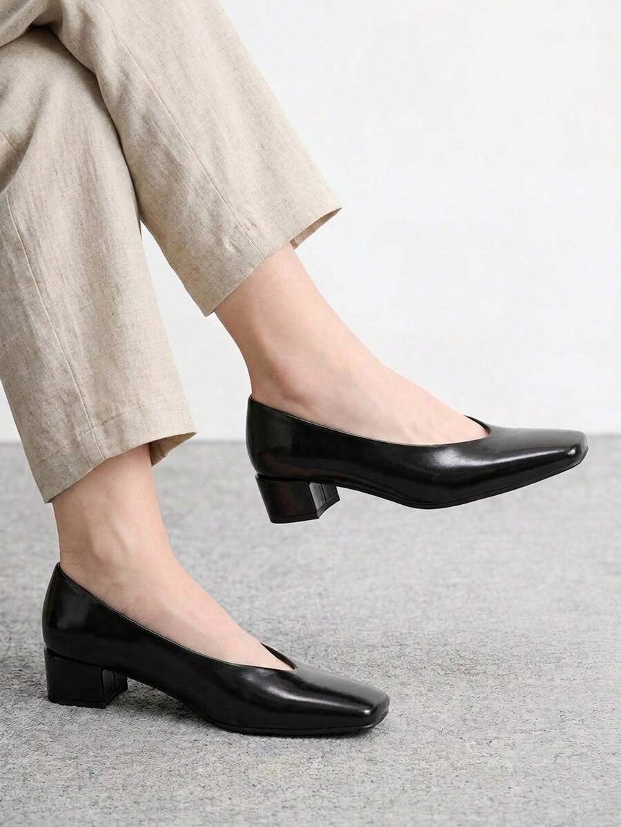 CUCCOO BIZCHIC 女款春夏新款復古方頭低鞋口黑色日常通勤百搭中跟高跟鞋 - 黑色 - 查看 1