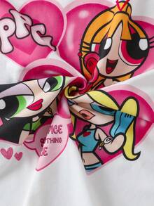 THE POWERPUFF GIRLS X SHEIN Women's Letter Cartoon Print Asymmetric Shoulder T-Shirt - White - View 9