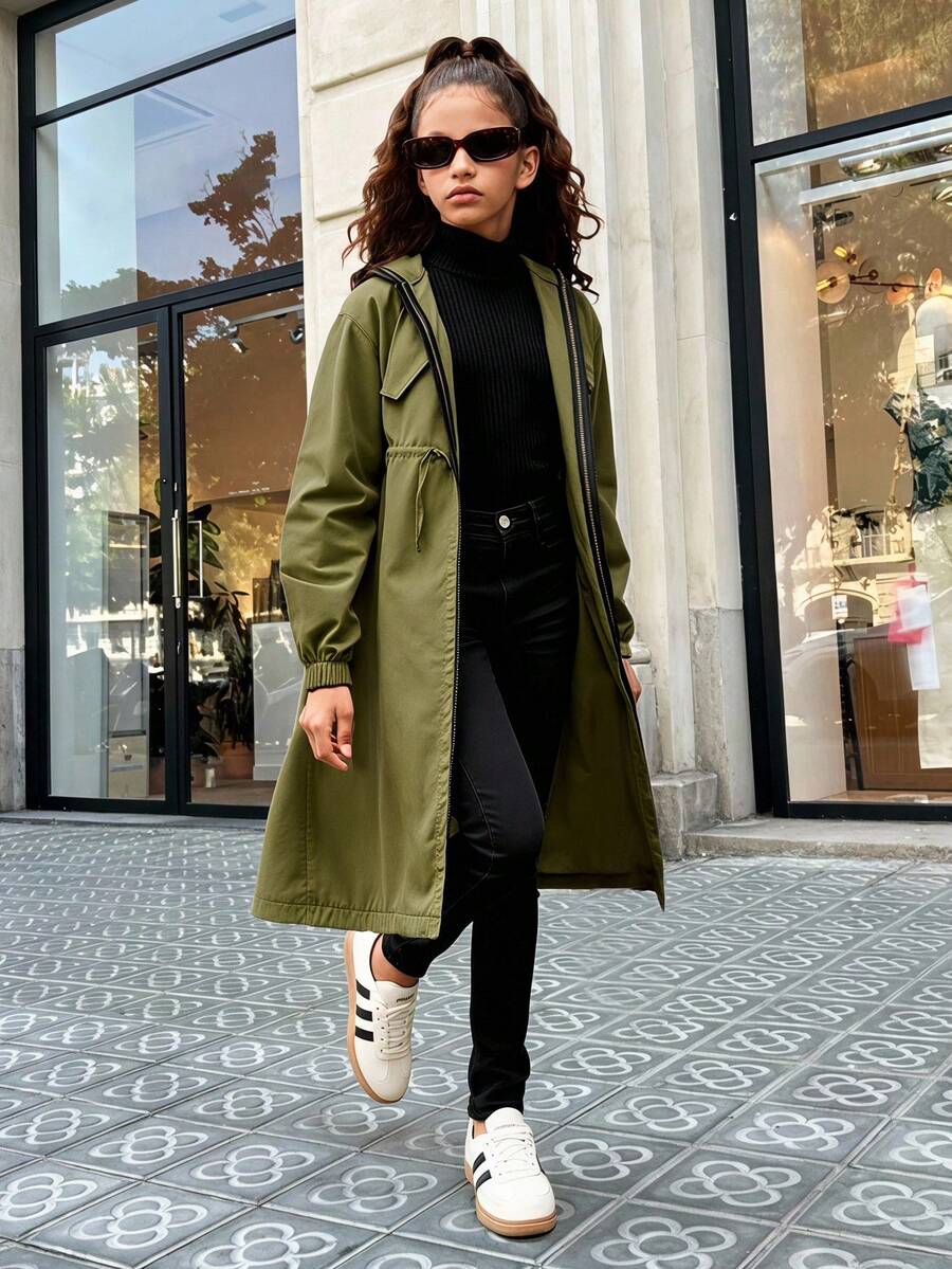 SHEIN 青少年女孩休閒時尚寬鬆英式緞帶連帽收腰派克大衣,軍綠色時尚女孩外套,青少年女孩綠色風衣,適用秋冬 - 軍綠色 - 查看 1
