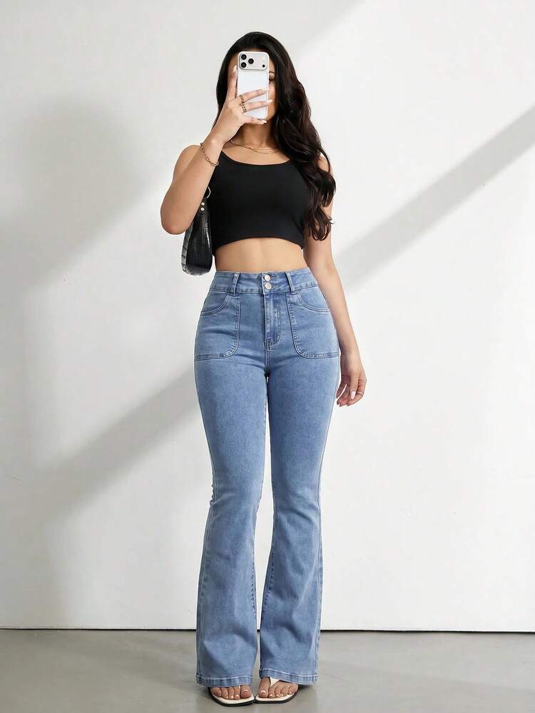 SHEIN Tall بنطال جينز نسائي طويل كاجوال بأسلوب السبعينيات مغسول بقصة ضيقة وفتحة واسعة، ملابس صيفية للنساء، بنطال للمعلمات، للاستخدام اليومي والخروجات الليلية والعطلات، باللون الأزرق الفاتح - أزرق فاتح - مشاهدة 4