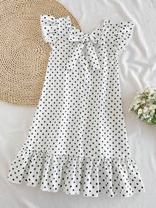 SHEIN Vintaside Kids 女童大童春夏度假海灘熱帶風 3D蝴蝶結圓領無袖荷葉飄逸袖甜美春季風中長洋裝 - 黑與白 - 查看 4