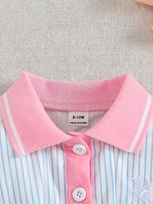 SHEIN 1件少女粉色拼接藍白條紋 Polo 領鈕扣式馬匹刺繡可愛休閒運動韓風優雅時尚甜美洋裝裙，收腰 A 字版型，適合夏季日常外出或室內場合，百搭穿搭 - 藍色 - 查看 7