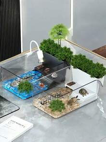 Turtle Tank With Basking Platform, 2-In-1 Dry Wet Separation Reptile Habitat Terrarium For Crabs Frogs Newts Amphibians, Easy Clean Natural Landscape Design Desktop Floor Stand Aquarium Kit For Pet Lovers Gift - Multicolor - View 5