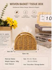 1Pc PE Rattan Woven Napkin Holder With Salt & Pepper Shaker Rack, Hand Woven Kitchen Condiment Bottle Desktop Organizer, Stylish Tabletop Tissue Caddy For Dining Table Decor - Multicolor - View 7