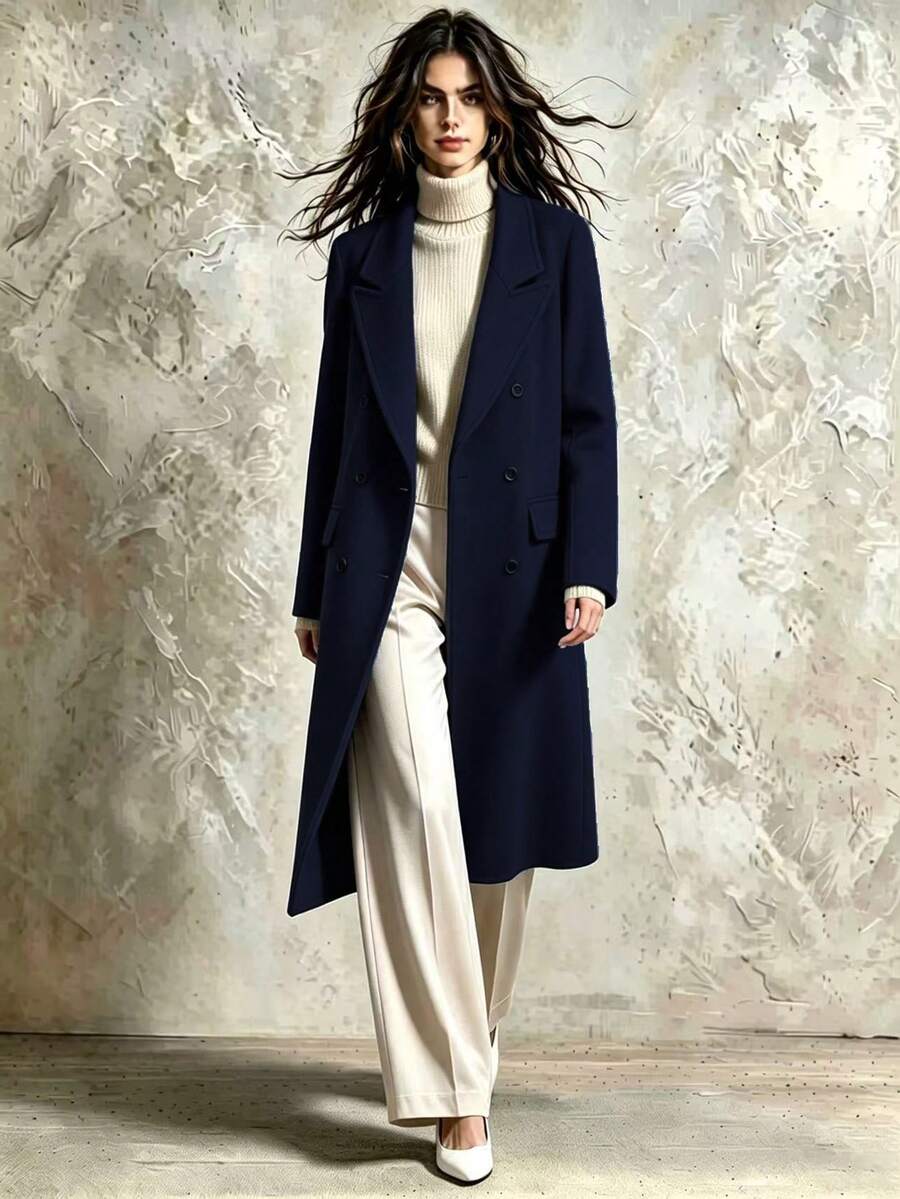 Franclia 女士长翻领双排扣纯色宽松羊毛大衣 - 寶藍色 - 查看 1