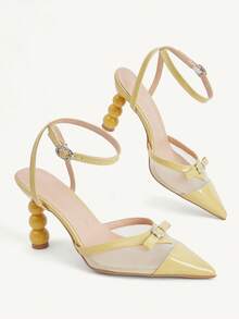 CUCCOO CHICEST Women's Shoes Rhinestone Bow Mesh Pointed Alien Heel French Fresh Light Yellow Patent Leather Women's Back Empty High Heels Commuter Dating - Yellow - View 9