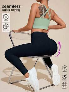 Gameset SHEIN Sport 女款純色高腰日常健身運動緊身褲 - 黑色 - 查看 2