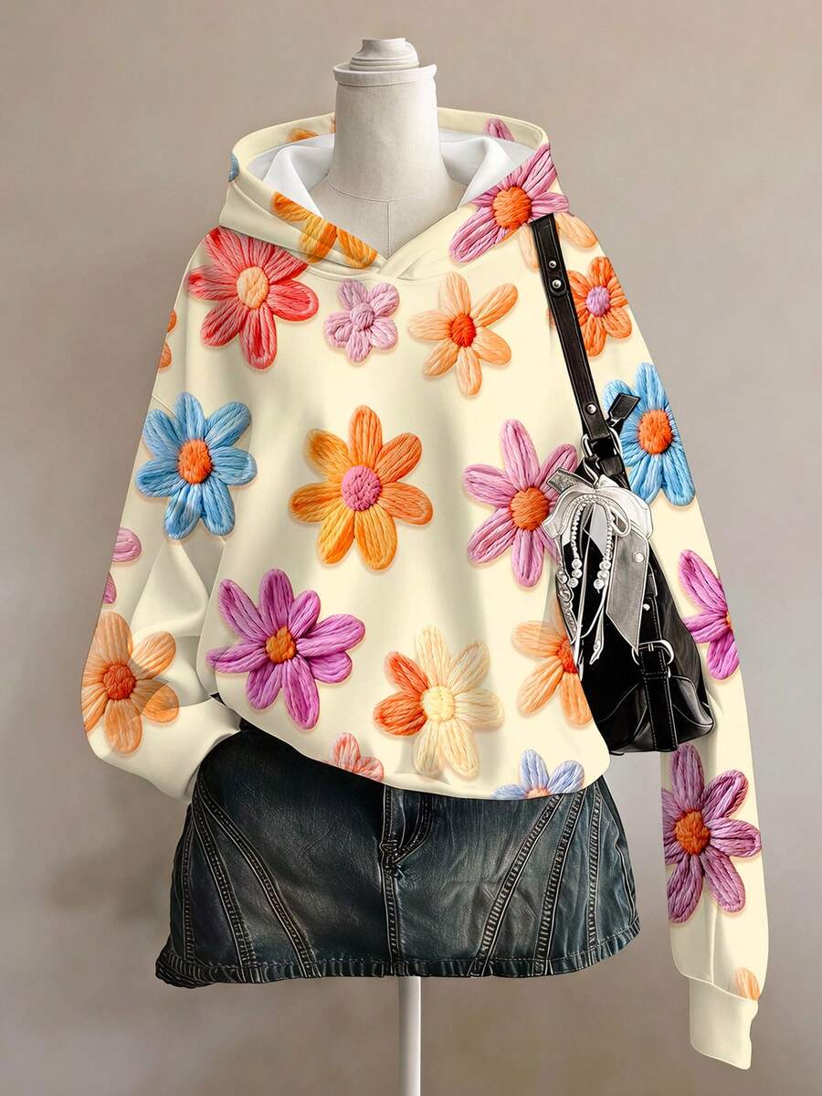 女童休閒極簡可愛紋理花卉印花，甜美奶油風，寬鬆圓領舒適日常針織長袖衛衣，適合秋冬，圖案，舒適，女童套裝，Y2K，復古 - 彩色 - 查看 1
