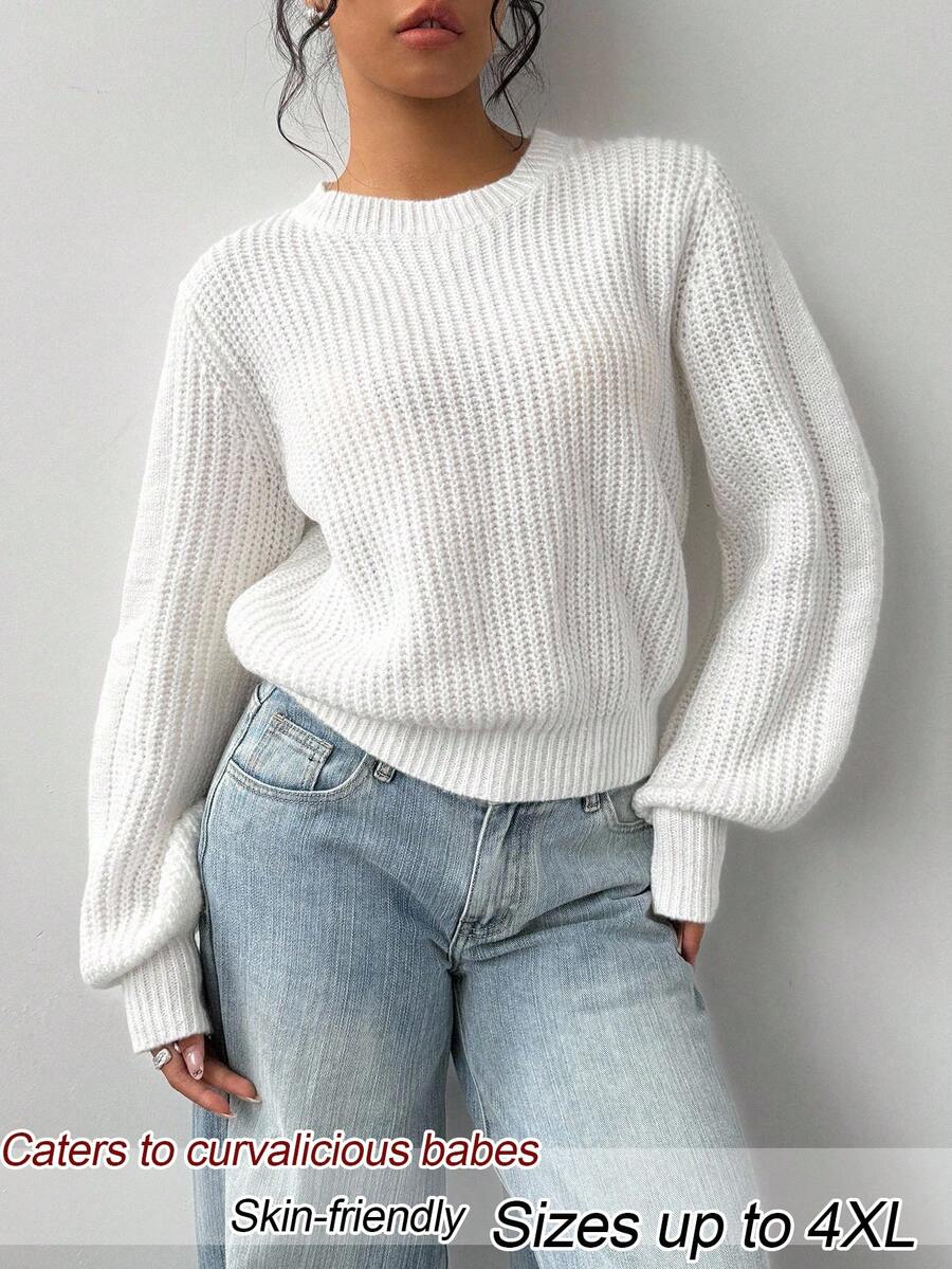 SHEIN BASICS 大尺碼女款純色圓領長袖休閒傳統毛衣,秋季正式教師風白色居家穿著 - 白色 - 查看 1
