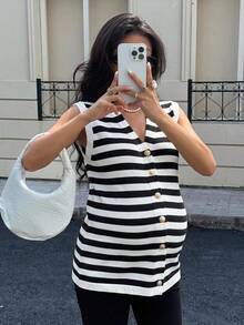 SHEIN Maternity Colorblock Striped Sleeveless Button Knit Vest,Autumn Outfit For Women - Black and White - View 3
