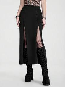 Breakform Gothic Halloween Sexy High-Waisted Maxi Skirt With Slit – Classic, Slimming, Versatile, Dark & ​​Edgy Style - Black - View 1