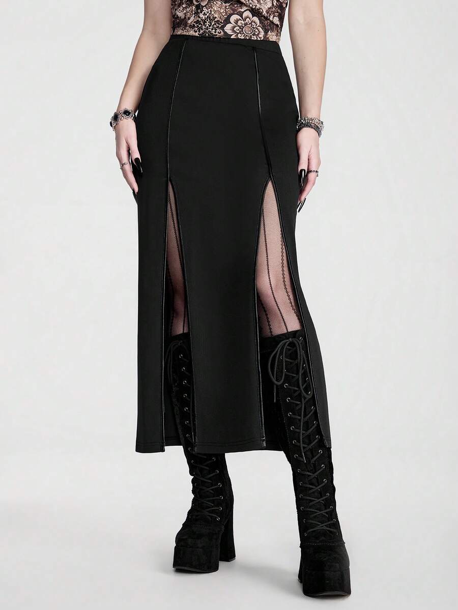 Breakform Gothic Halloween Sexy High-Waisted Maxi Skirt With Slit – Classic, Slimming, Versatile, Dark & Edgy Style - Black - View 1
