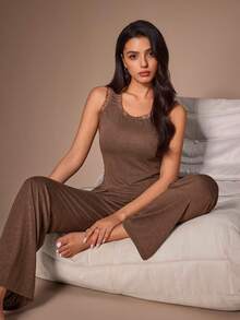 Lazeform Lace Patchwork Women's Casual Pajama Loungewear Set - Coffee Brown - View 4