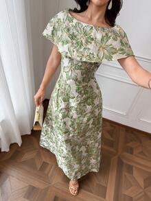 Modelyn Women's Jacquard Elegant Waist-Cinching Mid-Length Party Dinner Dress Sage Green Summer - Dark Green - View 2