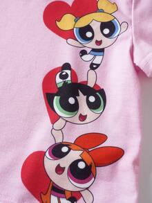 THE POWERPUFF GIRLS X SHEIN 女嬰卡通印花T恤短褲套裝 - 粉色 - 查看 4