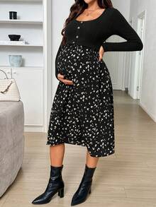 SHEIN Maternity Nursing Functional Button Long Sleeve Contrast Color Print Dress Fall - Black - View 3