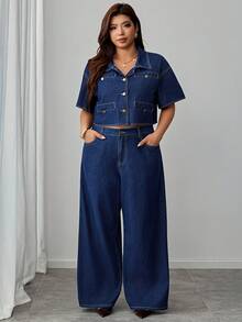 Elenzga Summer Elegant Deep Blue Non Stretch Button Front Collar Comfortable Daily Wear Office Commuting Plus Size Denim Top For Women - Dark Wash - View 8