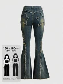 ROMWE PETITE Women's Denim Jeans Long Pants Star Butt Hot Girl Street Style Extra Small Size Music Festival Flare Pants Vintage - Blue - View 1
