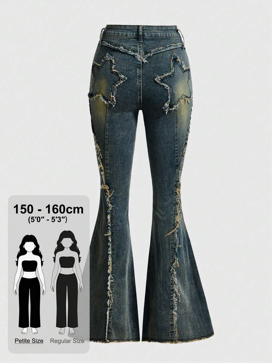 ROMWE PETITE Women's Denim Jeans Long Pants Star Butt Hot Girl Street Style Extra Small Size Music Festival Flare Pants Vintage - Blue - View 1