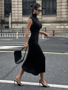 Dazy Tall Women's High Neck Sleeveless Fitted Long Dress Fall - Black - View 7
