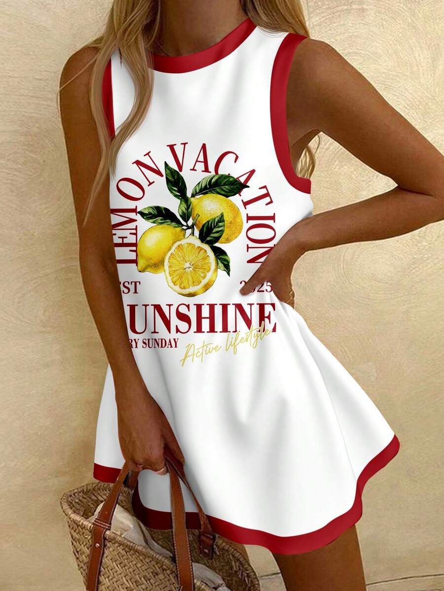 SHEIN EZwear 休閒極簡風檸檬印花女款洋裝,適合夏季 - 白色 - 查看 1