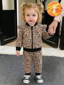 SHEIN Vintaside Kids 女嬰時尚豹紋套裝，秋冬新款荷葉邊拉鍊上衣與豹紋收口長褲套裝 - 黑色 - 查看 4