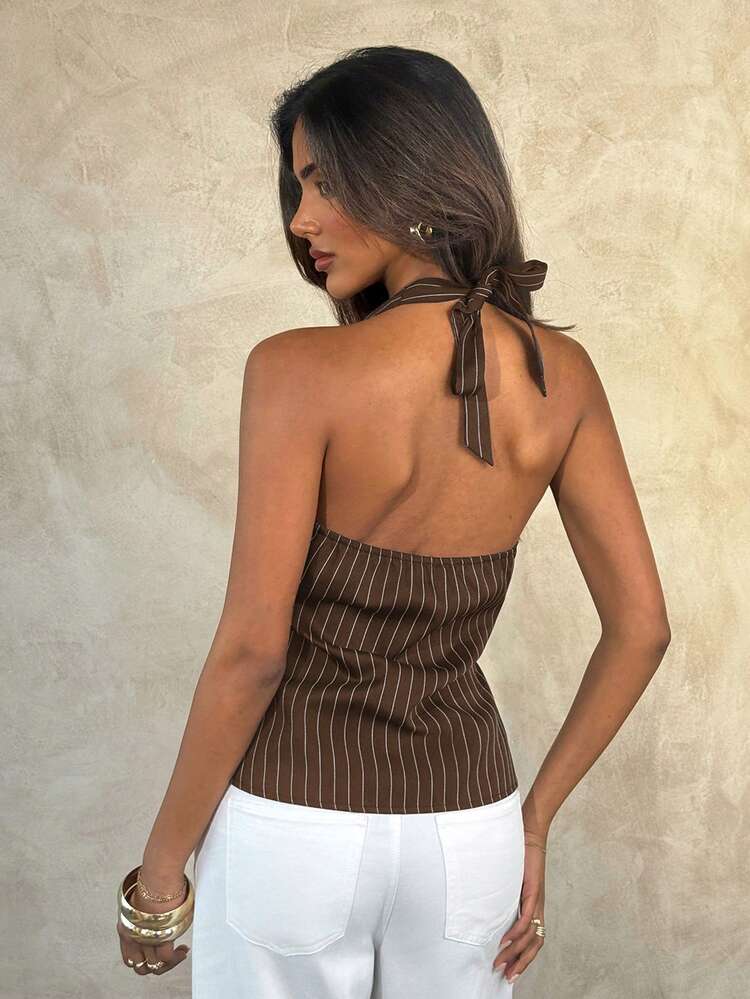 Aloruh Women's Spring/Summer Linen Metal Decor Waist-Cinching A-Line Blouse - Coffee Brown - View 2