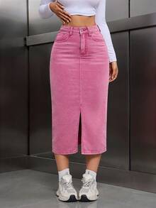 Selenza Plus Size Casual Washed Split Hem Denim Skirt - Pink - View 5
