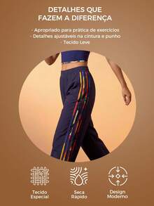 CAJUNI Women's Fashionable Versatile Striped Contrast Color Drawstring Sports Pants, - Navy Blue - View 4