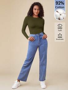 SHEIN BASICS 女款純色圓領休閒日常長袖連身衣 - 軍綠色 - 查看 9