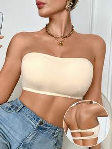 SHEIN Minimalist Solid Color Wireless Padded Bandeau Bra - Apricot - View 2