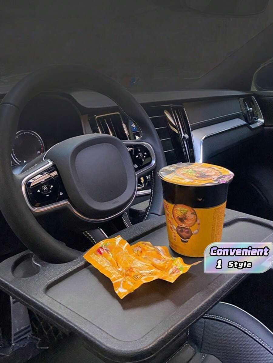 2-In-1 Car Steering Wheel Tray Table With Laptop Holder & Cup Holder, Made Of High-Strength ABS. Sturdy & Exquisite Design, Fits Cars, Trucks & SUVs, Multi-Functional For Office Work, Reading And In-Car Storage - A - View 1