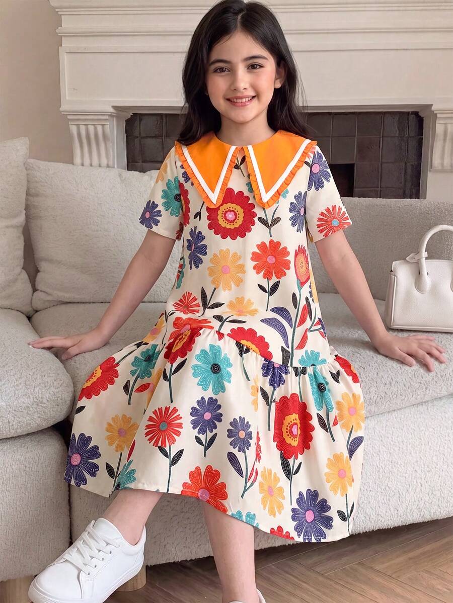 SHEIN Tween Girl Kids Dress With Large Lapel, Contrast Color Woven Tape, All-Over Floral Print, Big A-Line Ruffle Hem, Back To School - Multicolor - View 1