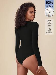 SHEIN BASICS 女款純色圓領長袖休閒T恤連身衣 - 黑色 - 查看 5