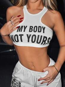 SHEIN ICON Slogan Printed Cropped Tank Top - White - View 5
