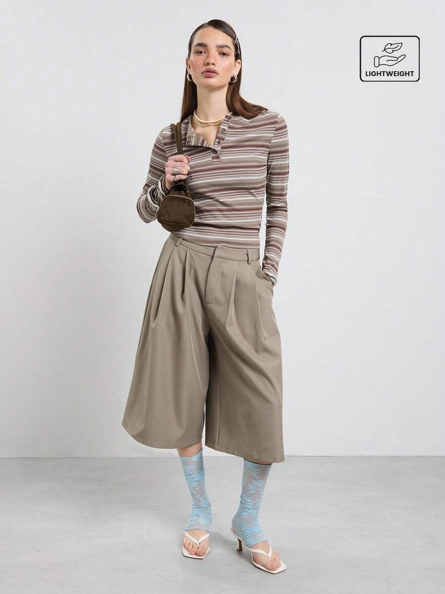 COUREZ Striped Long Sleeve Henley Neck Top/Y2K Autumn Women's Clothing Autumn Outing Outfit Women's Autumn Top Outing Top Cute Top Women's Top - Multicolor - View 1