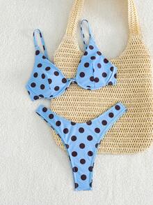 SHEIN Swim 女款夏季海灘波點印花性感時尚比基尼兩件式泳衣套裝 - 藍色 - 查看 3