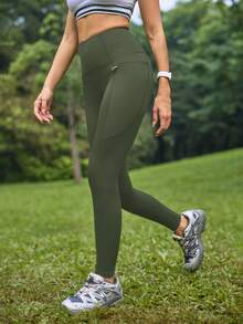 In My Nature 女款休閒拉鍊口袋戶外緊身內搭褲 - 軍綠色 - 查看 6