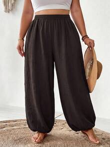 SHEIN CURVE+ Plus Size Minimalist Soft Form Elegant Casual Solid Color Loose Fit Textured Pants With Pockets Autumn Dates Office Brunch Formal Vacation Brown - Brown - View 7