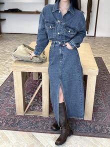 DAZY Women's Lapel Long Sleeve Cropped Frayed Hem Jacket And Straight Leg Long Skirt Casual Denim Set Fall - Medium Wash - View 2