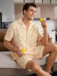 CoupledUp Men's Casual Bubble Crinkle Plaid Lemon Print Open Front Pajama Set - Yellow - View 4