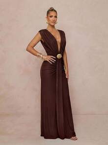 Lumalex Vestido con cuello en V, malla, cinta de cintura suave y fluida, bajo de cola de sirena con decoración de concha metálica para mujeres - Café integral - Ver 5