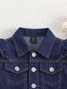 SHEIN Chaqueta de mezclilla de manga larga con volantes y abotonadura sencilla para niña - Azul Marino - Ver 5