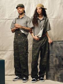 Norleigh Men's Casual Cargo Camo Bib Overalls With Multiple Pockets, Street Style Camo Overalls Men, Army Green, Button, Drawstring, Denim, Loose Fit - Army Green - View 5