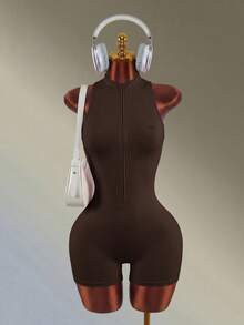 Amplova Women's Simple Zip-Up Drawstring Waist Sports Jumpsuit, Summer Spring&Summer Workout Exercise And Body Shaping, High Elasticity - Coffee Brown - View 10